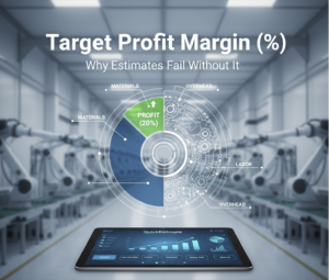 A high-tech manufacturing facility background with a digital overlay showing a circular "Target Profit Margin" chart divided into Materials, Labor, Overhead, and a green 20% Profit slice. A tablet in the foreground displays the QuickEstimate dashboard.